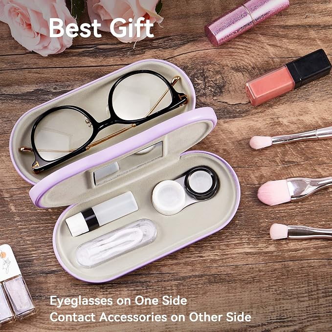 Muf 2 in 1 Contact Lens Case and Glasses Case, Double Sided Design with Mirror, Portable Travel Kit with Tweezer, Remover and Solution Bottle, Purple
