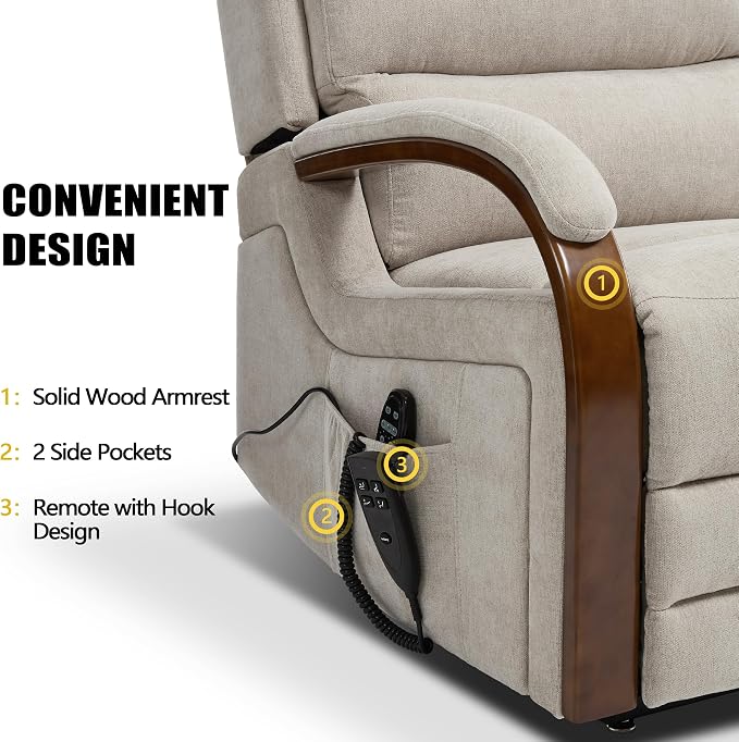 Power Lift Recliner Chair for Elderly People, Dual Motor Lift Chair with Vibration Massage and Heat, Lay Flat Recliner with Solid Wood Armrest, Standing Assistance Reclining, Chenille Fabric Beige