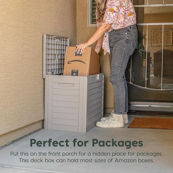 IRIS USA 35 Gallon Outdoor Deck Box, Lockable, Weather-Resistant, Beige | UV-Protected, Waterproof Resin, Patio Storage for Cushions, Garden Tools & Packages