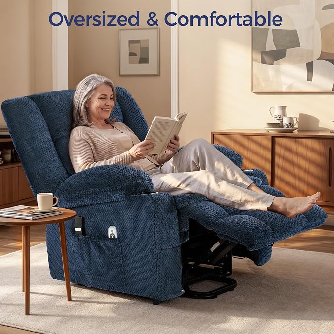 Power Lift Recliner Chair for Elderly, Electric Reclining Lift Chair with Massage and Heating, Comfy Overstuffed Recliner Single Sofa with Cup Holders,Pockets,USB Charge Port for Living Room,NavyBlue