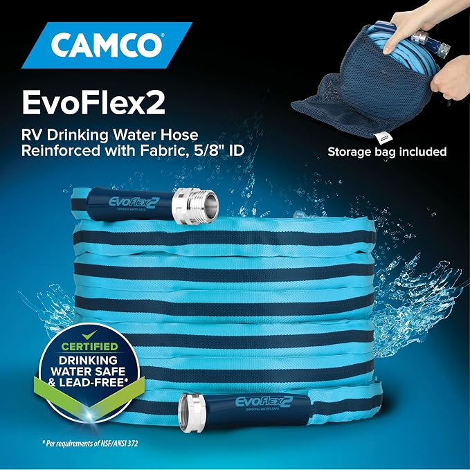 Camco EvoFlex2 50-ft Drinking Water Hose - RV Drinking Water Hose Reinforced with Fabric & Ultra Lightweight - Contains No Lead, No BPA & No Phthalate - Abrasion Resistant (22579) | Lead-free, BPA-free drinking water hose with flexible, anti-kink design