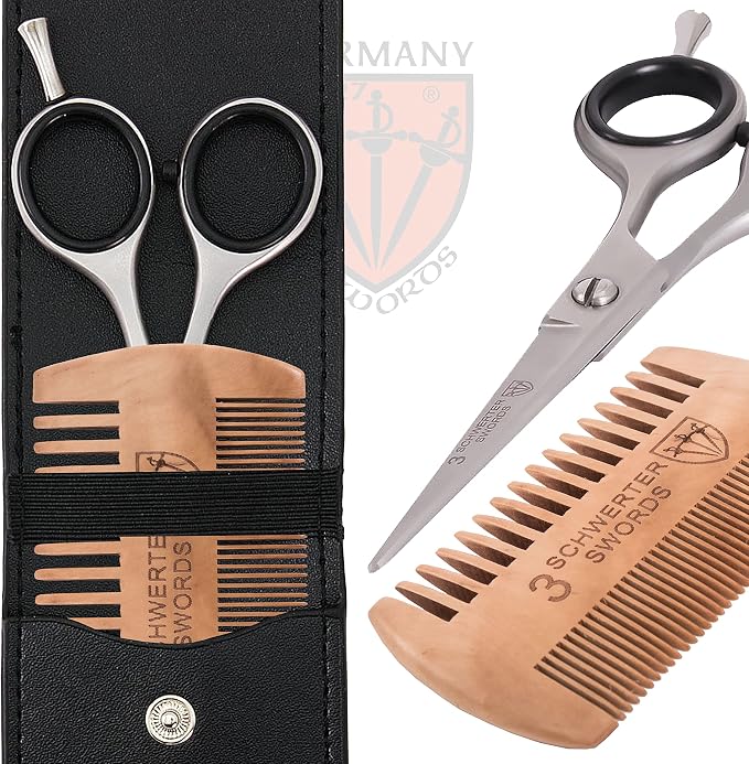 3 Swords Germany – professional BEARD MUSTACHE HAIR SCISSORS with BEARD COMB, stainless steel, straight blade, sharp, with black case