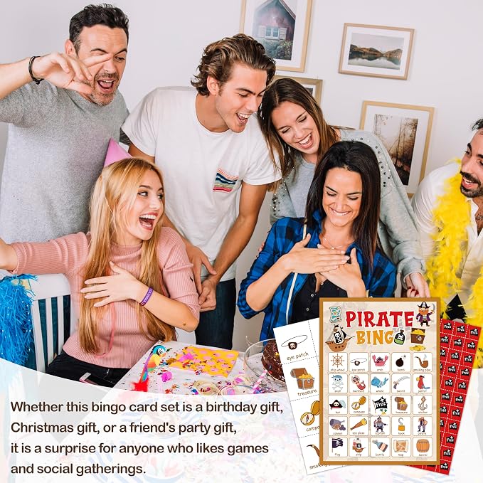 Pirate Party Bingo Card, Pirate Ship Adventures Bingo Game for Adults Family Friends, Pirate Party Favors Decorations, Pirate Bingo Kit for Birthday Party, Holiday Games for 24 Players -06