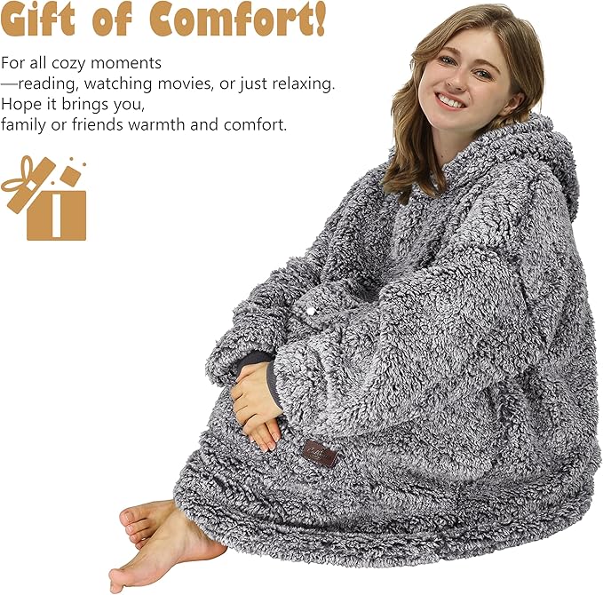 Catalonia Oversized Blanket Hoodie Sweatshirt, Wearable Sherpa Lounging Pullover for Adults Women Men