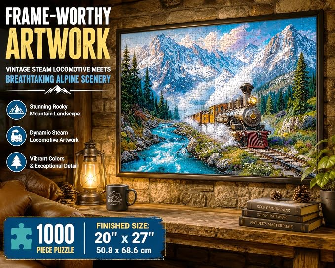 Adult Jigsaw Puzzle 1000 Piece Mountain Express | Features a steam locomotive thundering down the train tracks. Challenging 20x27 inch finished display.