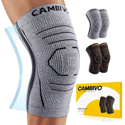 CAMBIVO 2 Pack Knee Brace for Women & Men, Latex Free & Silicone Free Compression Knee Sleeves with Side Stabilizers, Lightweight Knee Support for Arthritis, Meniscus, Walking, Running (Gray, Small)