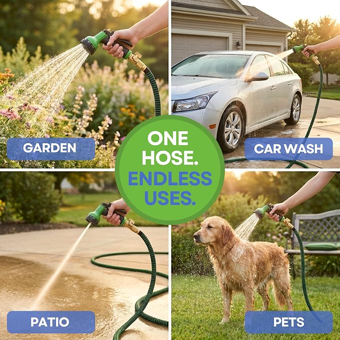 J&B XpandaHose 100ft Expandable Garden Hose, Lightweight, Brass Connectors | Ultra Strong 3750D fabric, 4-layer latex core, expands 3X, kink & leak-resistant, 10-pattern nozzle, storage bag