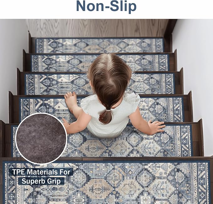 sarben 8"x30" Non Slip Stair Treads for Wooden Steps 15 Pack, Denim Pearl | Peel and Stick Carpet Stair Runner with TPE Adhesive Backing, Carpet for Added Safety, Pet and Senior Friendly