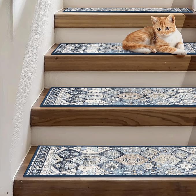 sarben 8"x30" Non Slip Stair Treads for Wooden Steps 15 Pack, Denim Pearl | Peel and Stick Carpet Stair Runner with TPE Adhesive Backing, Carpet for Added Safety, Pet and Senior Friendly