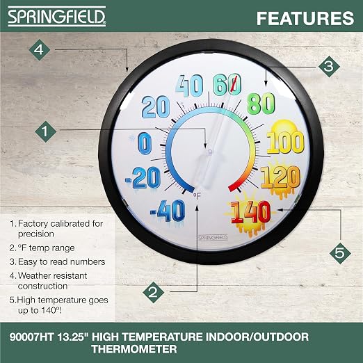 Springfield Big & Bold Outdoor Wall Thermometer, 13.25-Inch High Temperature Weather-Resistant Patio Thermometer with Easy-to-Read Colorful Display for Backyard, Porch, Garden, or Deck, White
