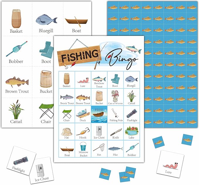 Fishing Bingo Game - Let's Go Fishing Bingo Card - 24 Players Game Set Indoor Outdoor Activities - Camping Party, Birthday Party Favors Supplies -A01