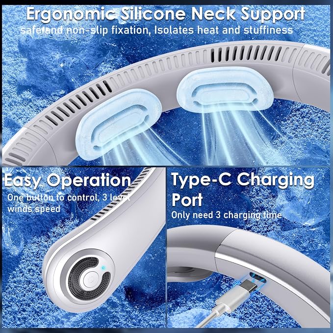 Portable Lightweight Neck Fan with Neck Support, Birthday Gifts for Men Women Dad Mom, Rechargeable Personal Wearable Cooling Neck Fans for Hot Flashes, Disneyland, Travel, Camping Essentials