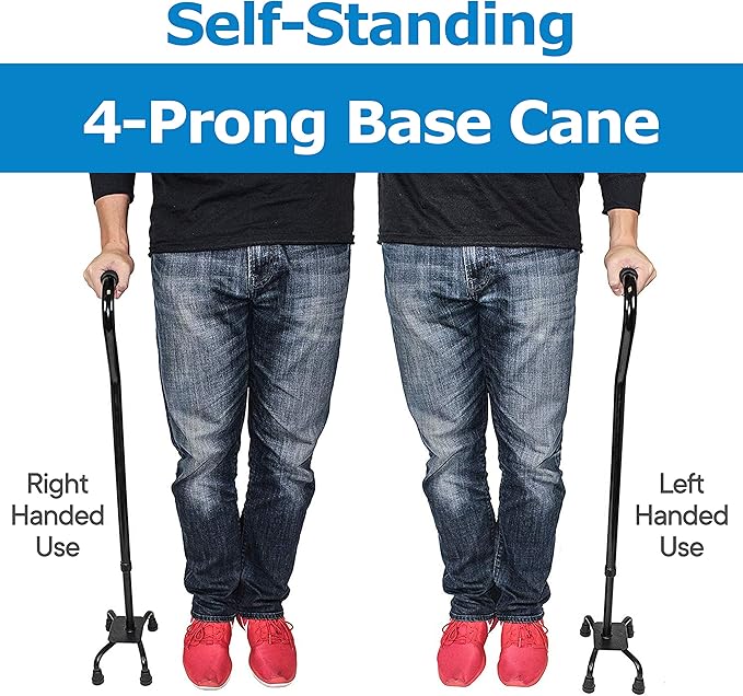 RMS Quad Cane - Adjustable Walking Cane with A Large Four-Pronged Base for Extra Stability - Foam Padded Offset Handle for Secure & Comfort Grip - Works for Right or Left Handed Men or Women