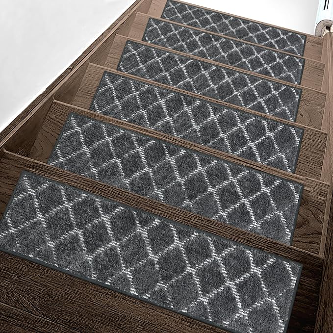 sarben 8"x30" Non Slip Stair Treads for Wooden Steps 15 Pack,Charcoal White | Peel and Stick Carpet Stair Runner with TPE Adhesive Backing, Carpet for Added Safety, Pet and Senior Friendly