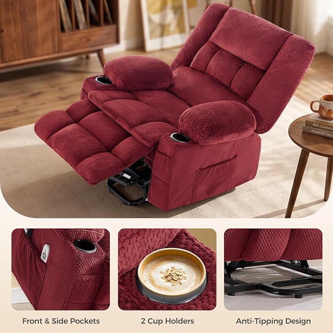 Power Lift Recliner Chair for Elderly, Electric Reclining Lift Chair with Massage and Heating, Comfy Overstuffed Recliner Single Sofa with Cup Holders,Pockets,USB Charge Port for Living Room,Burgundy