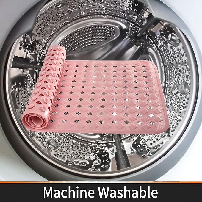 Yimobra Bathtub Mat Non Slip, Super Strong Suction Cups, 27.5"x15.5" Long Shower Mat with Drain Holes, Machine Washable Fast Draining Bath Mats, Bathroom Essentials,Pink