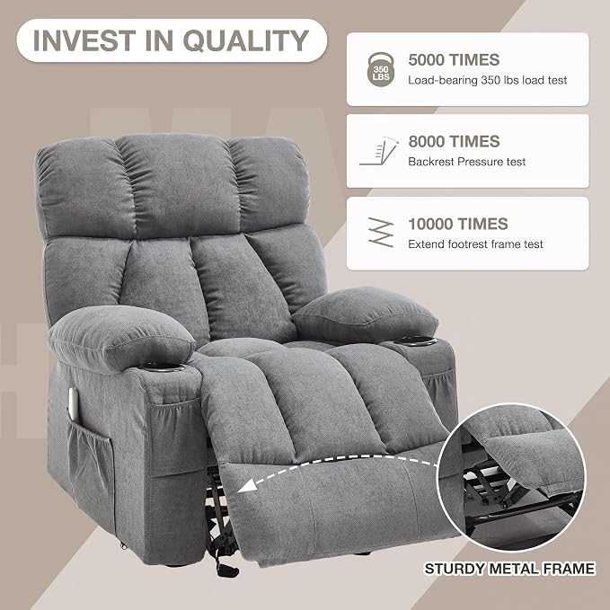 Massage Rocker Recliner Chair with Heat and Vibration Ergonomic Rocking Lounge Chair for Living Room Comfy Overstuffed Recliner with 4 Side Pockets,2 Cup Holders, USB Charge Port, Grey