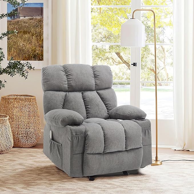 Massage Rocker Recliner Chair with Heat and Vibration Ergonomic Rocking Lounge Chair for Living Room Comfy Overstuffed Recliner with 4 Side Pockets,2 Cup Holders, USB Charge Port, Grey