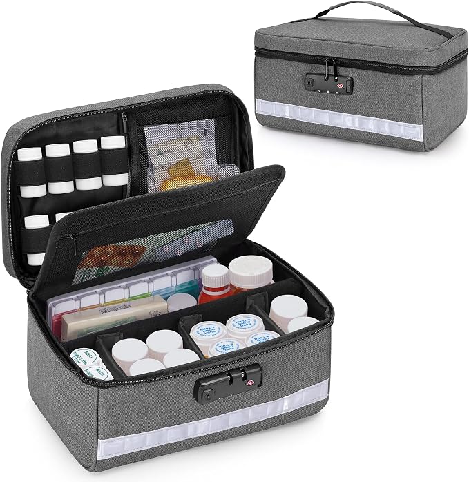 Damero Locking Pill Bottle Organizer with Inner Dividers, Gray | Medicine Storage and Organizer Bag Combination Lock, Medicine Lock Bag for Pill Bottles, Vitamins and Medical Supplies