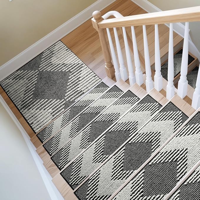 PADOOR Stair Treads Landing Mat Non Slip for Wooden Steps Indoor, 3D Peel and Stick Stair-Carpet Treads Washable Reusable Adhesive Stair Rugs for Kids and Dogs 31"x31" Black