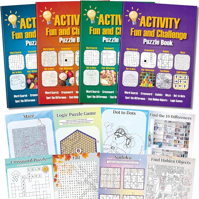 Elfew 4 Pack Activity Book for Adults, Puzzles Books for Seniors | 150+ Brain Games, 8-IN-1 Puzzle Games, Color Printing & Large-Print, Memory Games Includes Word Search, Sudoku, Maze and More