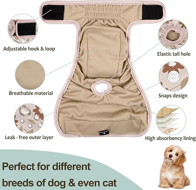 Female Dog Diapers 5Pcs - Premium Reusable Diapers for Doggie in Heat - Highly Absorbent Dog Diapers Female for Pet Incontinence with Adjustable Snaps, Breenish Lily Flower, L