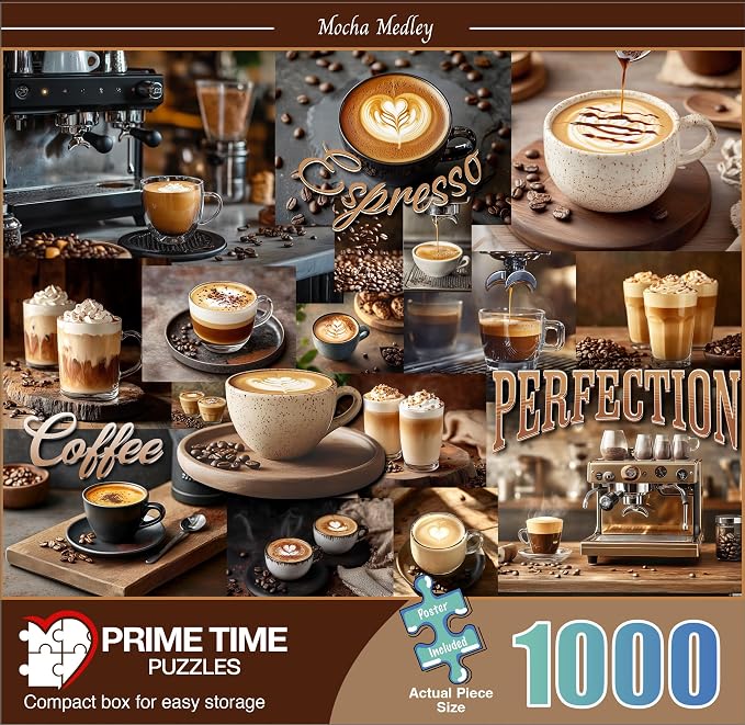 Adult Jigsaw Puzzle 1000 Piece Coffee Latte | Mocha Medley collage design featuring espresso and latte art. — Great for game nights on a table, puzzleboard, or floor.