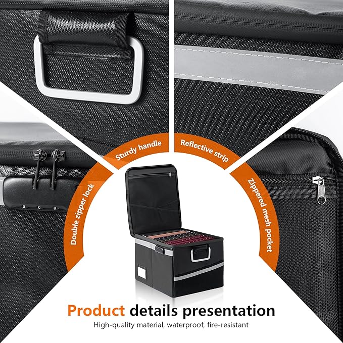 Fireproof Waterproof Document Box with Lock Collapsible Portable File Organizer Hard Shell Storage for Hanging Letter Legal Folders Home Office Safe Orange 15.7x11.2x10.2in