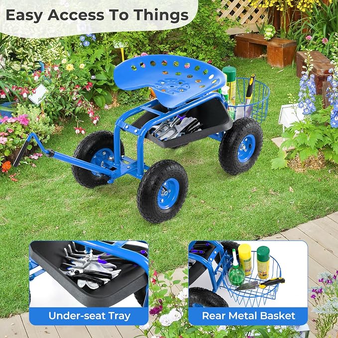 Rolling Garden Seat, Garden Stool with Wheels, Extendable Handle, Storage Basket & Tool Tray, Garden Scooter with 360 Degree Swivel Seat for Outdoor, Garden & Yard (Blue)