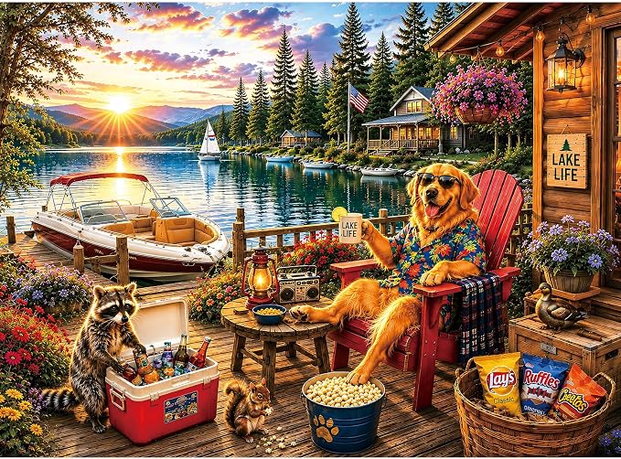 300 Piece Jigsaw Puzzle for Kids & Adults – Lake Life Scene with Golden Retriever, Boat, Cabin, Sunset Lake View & Outdoor Deck, Family Puzzle Gift for Boys Girls Ages 8+, 20.5 x 15 in