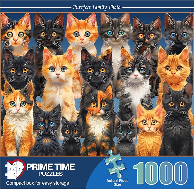Adult Jigsaw Puzzle Cat Collage 1000 Piece | Colorful cats and kittens collage design, challenging and difficult. Great for game nights on a table, puzzleboard, or floor.
