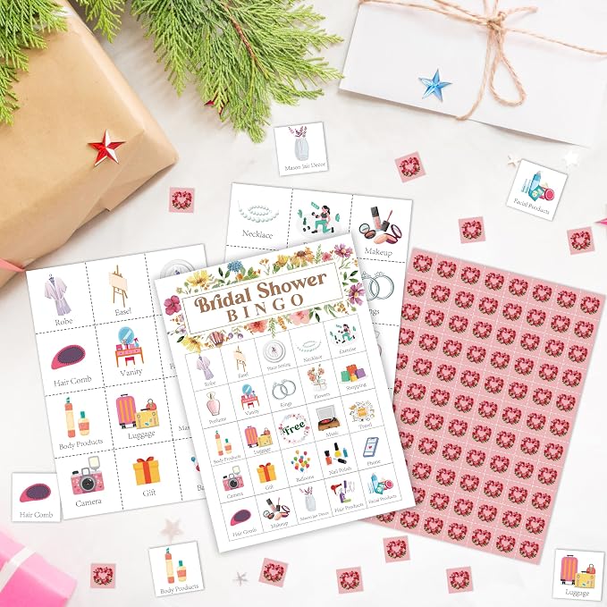 Bridal Shower Bingo Card, Wedding Shower Bingo Game for Adults Large Group Family Friends, Wildflowers Themed Bachelorette Party Favors Supplies, Holiday Games for 24 Players -01