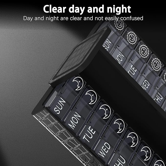 Weekly Pill Organizer 2 Times a Day, AM PM Compact Pill Box 7 Day, Twice Daily Medicine Organizer with Labels, Portable Business Travel Pill Case for Vitamins and Supplement (Black)