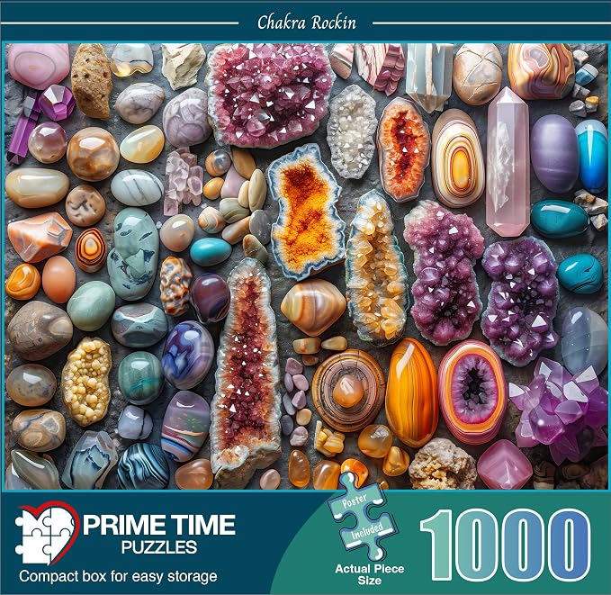 Adult Jigsaw Puzzle 1000 Piece Healing Stones | Features colorful crystals and chakra healing stones. Challenging. Great for game nights on a table, puzzleboard, or floor.
