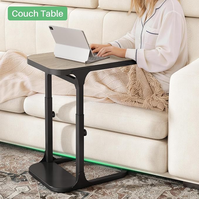 Kitstorack Height Adjustable End Table 2 Pack, Small Side Table for Couch, Sofa Table with Metal Frame for Living Room, Bedroom, Bedside C Shaped Table,Greige
