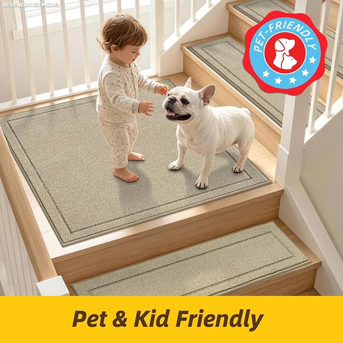 JSEI Non-Slip Stair Landing Rug Mat, 1-Pack 30" X 30", Light Beige | Edging Stair Treads Corner Indoor Stair Runners for Wooden Steps for Kids and Dogs, 100% Polyester, TPE Backing