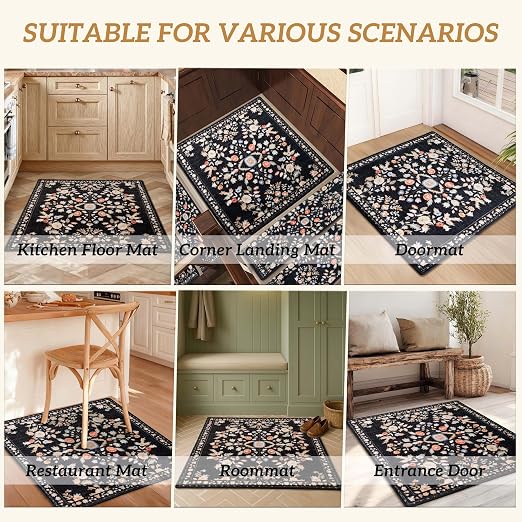 RORA Stair Treads Landing Mat, 30x30 Stair Landing Rug for Indoor | Non-Slip, Washable, For Wooden Steps, Floral Design, Stair Rugs Mat for Pets, Black
