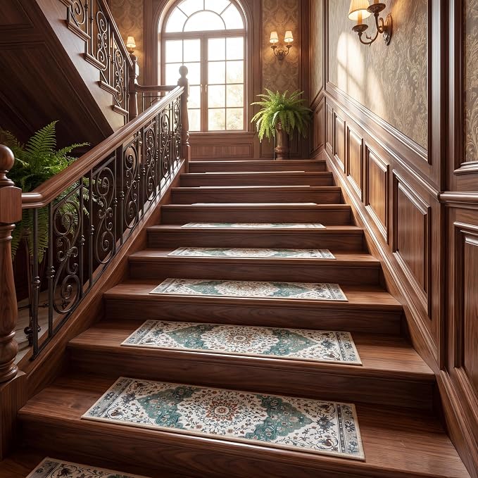 Dunzy 15 Pcs Non-slip Stair Treads for Wooden Steps 30x8 Inch, Peel and Stick Chenille Carpet Treads, Vintage Floral Medallion Print Stair Rug, Residue-free Adhesive, Machine Washable for Seniors Pets
