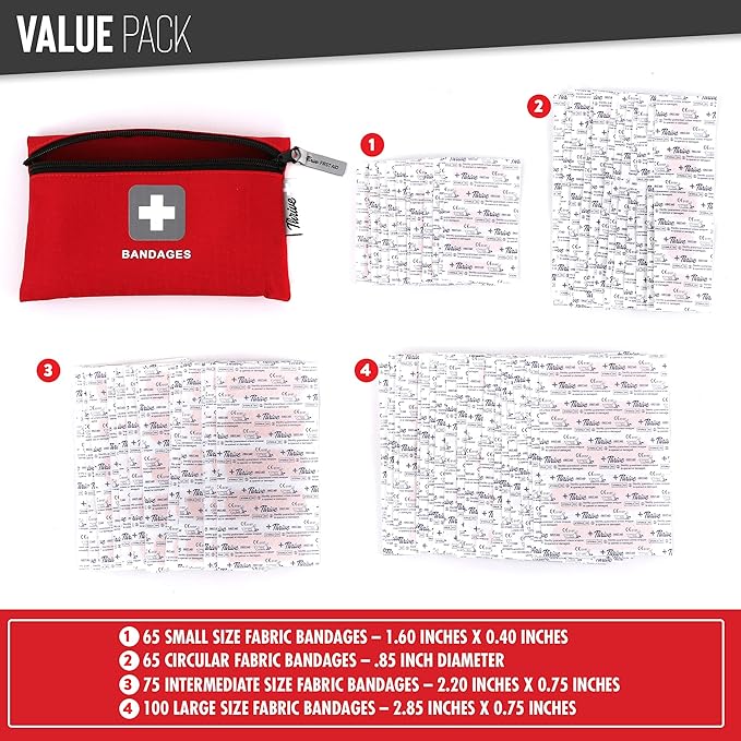 Thrive Bulk Fabric Adhesive Bandages Variety Pack - Portable Zipper Pouch for Travel & Car First Aid Kit - Waterproof & Latex-Free Bandages for Camping & Hiking First Aid Kit - 305 Piece Set, Red