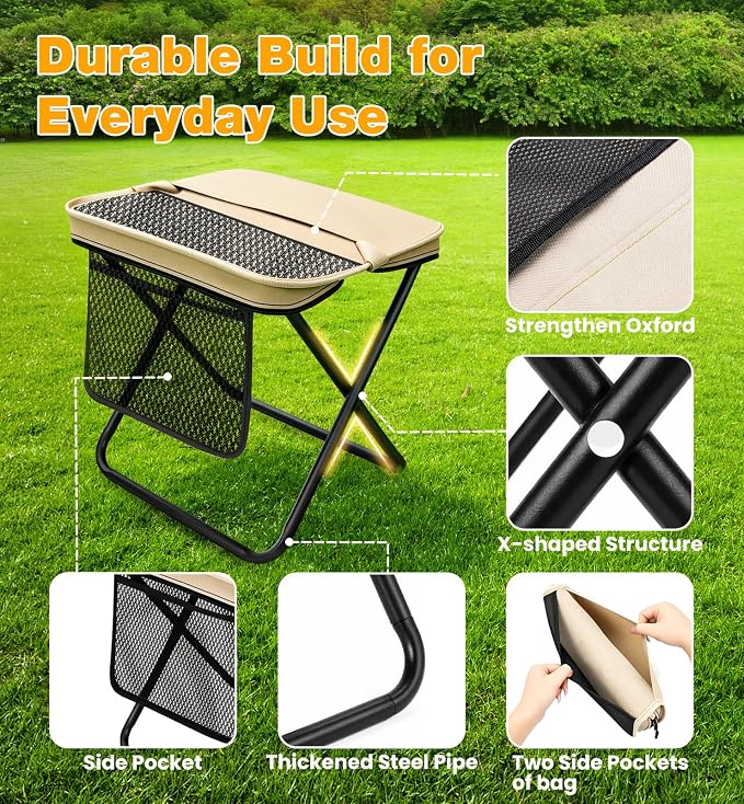 2 Pack Portable Folding Stools for Adults, 13" Height Collapsible Backpack Seat with Side Pocket, Anti-Pinch Camping Stool for Travel Fishing Hiking, 220 Lbs Capacity, Khaki