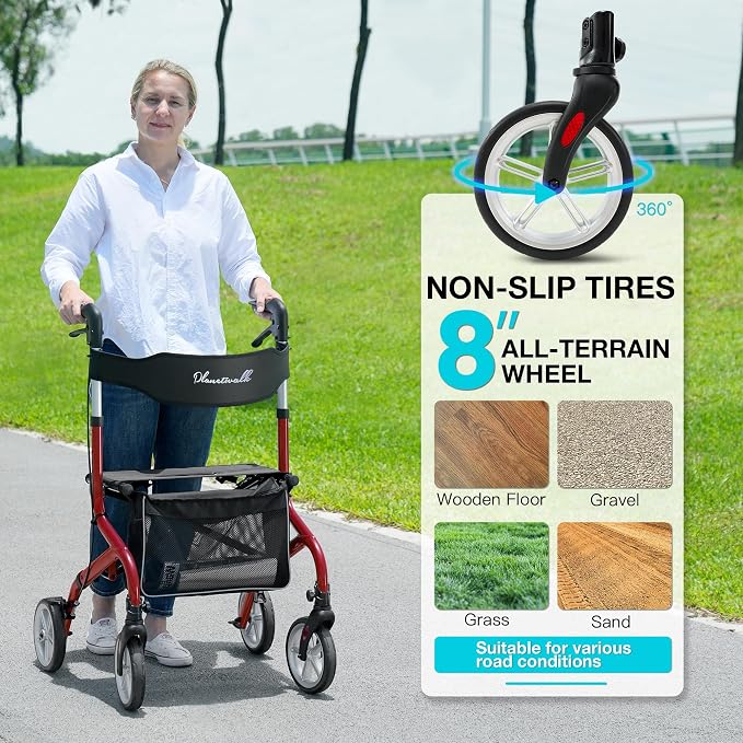 PLANET WALK Super Lightweight Rollator Walker for Seniors, Foldable Rolling Walker with Seat and 8" Rubber Wheels for All Terrain, Unique Design Aluminium Frame Sturdy Walkers for Traveling - Red