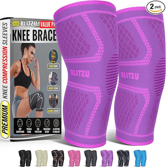 Knee Brace for Meniscus Tear 2 Pack, Knee Compression Sleeve for Men and Women, Knee Support for Arthritis, Swelling, Inflammation, ACL, Pain Relief, Running, Workout, Sports and Recovery Purple L