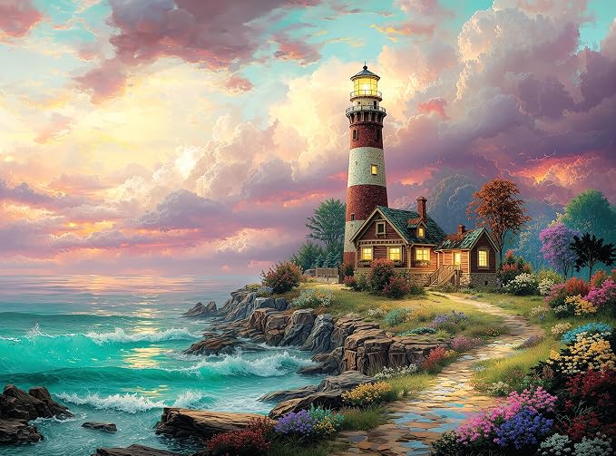 Adult Jigsaw Puzzle – Ocean Lighthouse 1000 Piece | Features a colorful beach sunset lighthouse scene. 20x27 inches — Great for game nights on a table, puzzleboard, or floor.