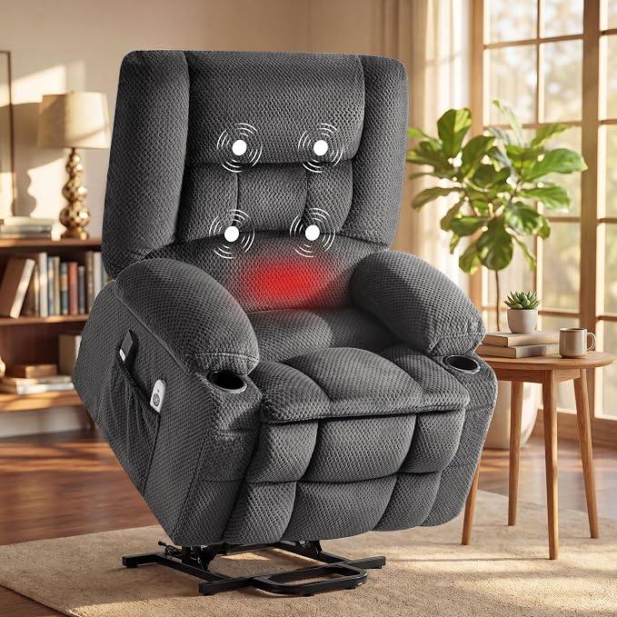 Power Lift Recliner Chair for Elderly, Electric Reclining Lift Chair with Massage and Heating, Comfy Overstuffed Recliner Single Sofa with Cup Holders, Pockets, USB Charge Port for Living Room, Grey