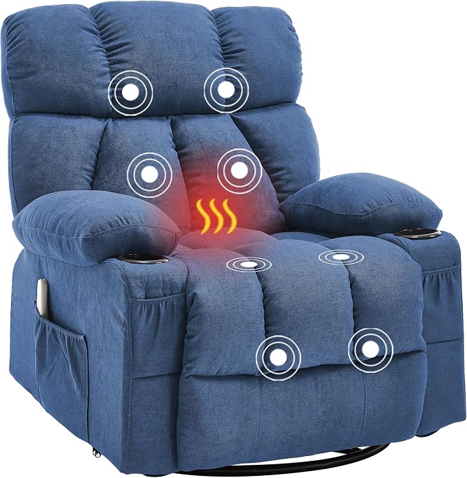 Oversized Massage Swivel Rocker Recliner Chair with Heat and Vibration Rocking Lounge Chair for Living Room Comfy Overstuffed Recliner with 4 Side Pockets,2 Cup Holders, USB Charge Port, Blue
