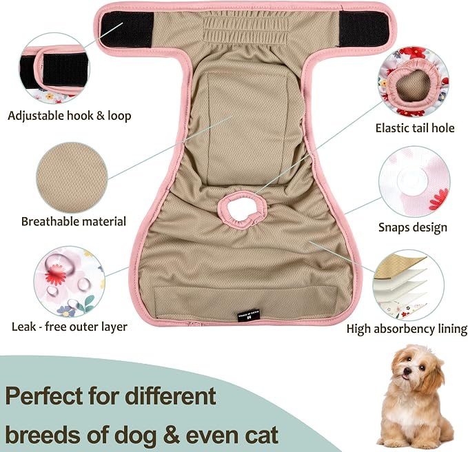 Washable Female Dog Diapers (3 Pack) - No Leak Reusable Diapers for Doggy Female in Period - Highly Absorbent Dog Heat Panties with Adjustable Snaps L