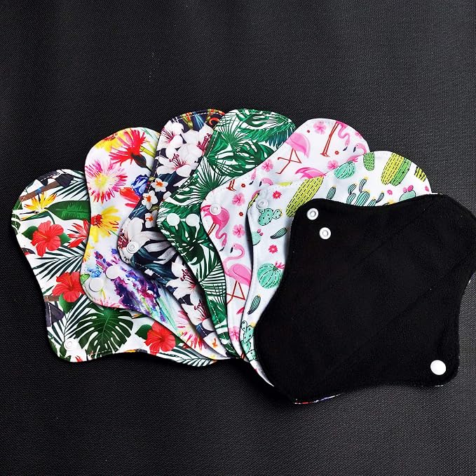 7PCS Pack Washable Cloth Pads Including 6PCS Heavy Flow Feminine Hygiene Bamboo Charcoal Cloth Mama Reusable Menstrual Pads Reusable Sanitary Napkins Pad + 1PC Mini Wet Bag