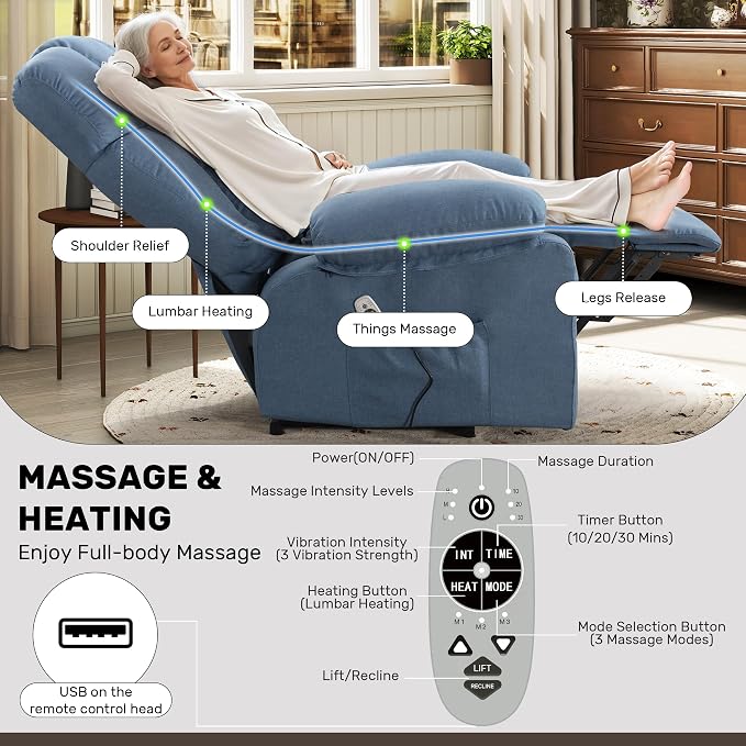 Oversized Power Lift Recliner Chair for Elderly, Big and Tall Lift Chair with Massage and Heat for Living Room, Fabric Electric Recliner Chairs with Side Pocket, USB Charge Port Blue