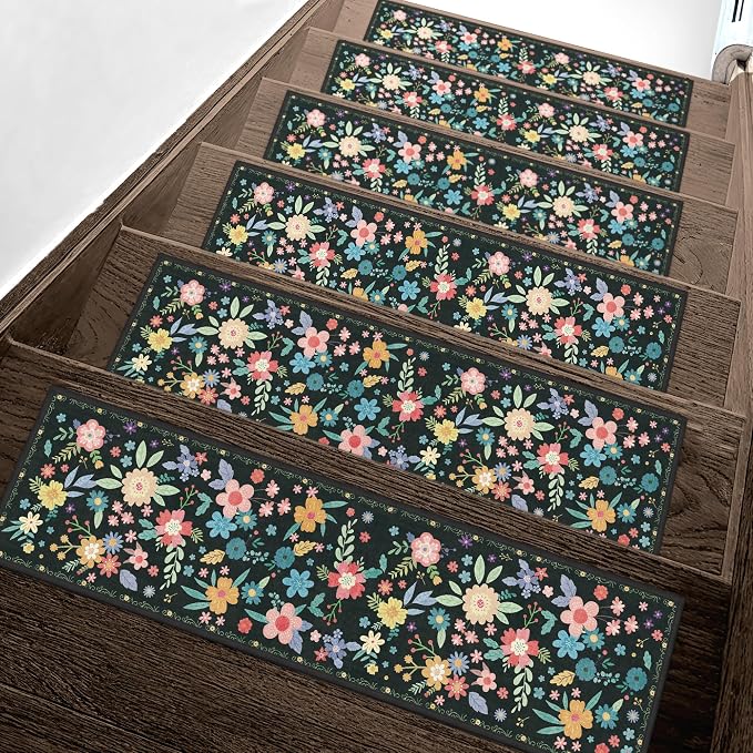 sarben 8"x30" Non Slip Stair Treads for Wooden Steps 15 Pack, Black Floral | Peel and Stick Carpet Stair Runner with TPE Adhesive Backing, Carpet for Added Safety, Pet and Senior Friendly