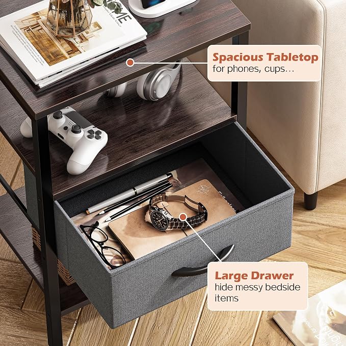 SUPERJARE Nightstand Set of 2 with Charging Station, USB-C Port, End Tables | Night Stand for Bedroom, with Adjustable Fabric Drawer, 3-Tier Storage Bedside Tables for Living Room, Walnut